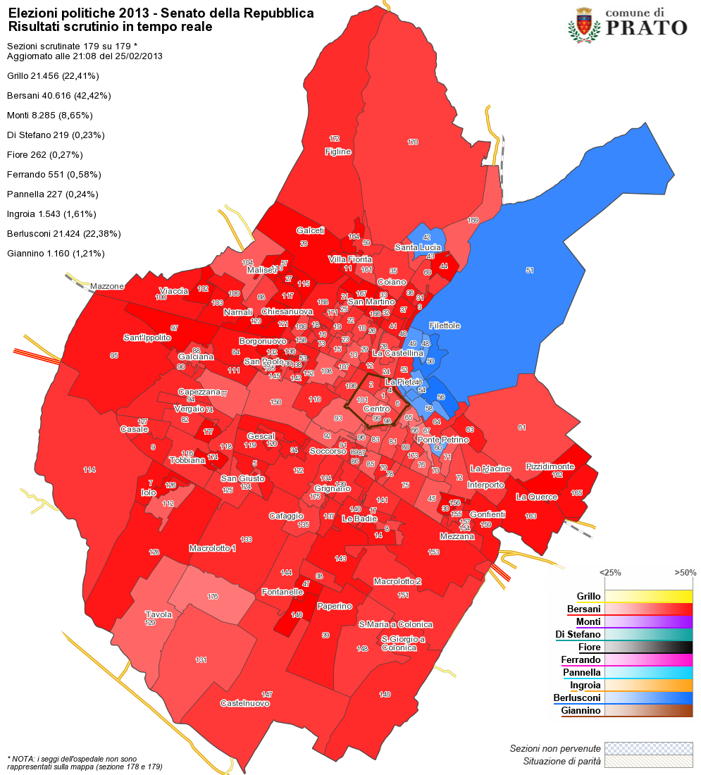 Mappa di Prato con la distribuzione dei voti ai candidati Presidente